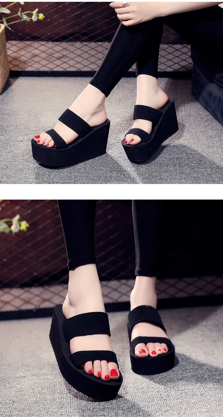 Summer New Fashion Leisure Super High Heels Wedges Chunky Sole Platform Cutout Peep Toe Women Gladiator Slippers Ladies Beach Sh