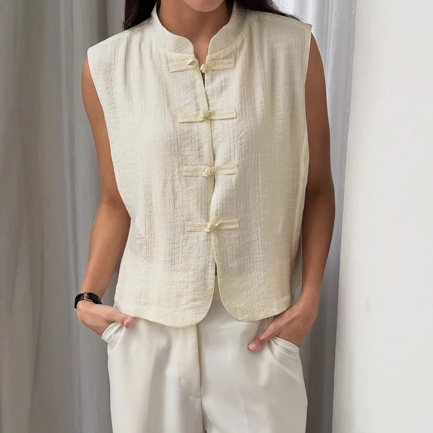 Linad Vintage Chinese Knot Stand Collar Vest Female Street  Apricot Stand Collar Tank Tops Summer Casual Sleeveless Tops 2026