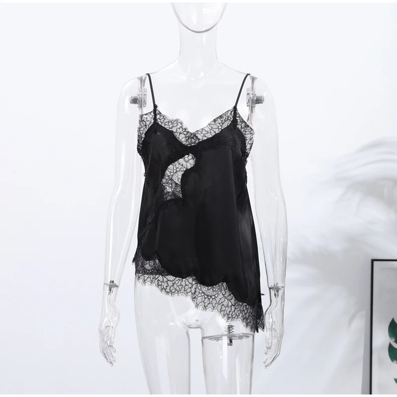 Lace Spliced Square Neck Spaghetti Strap Blouse Loose Fit Cropped 2026 Summer Women Chiffon Top Causal Delicate Lady Blusa