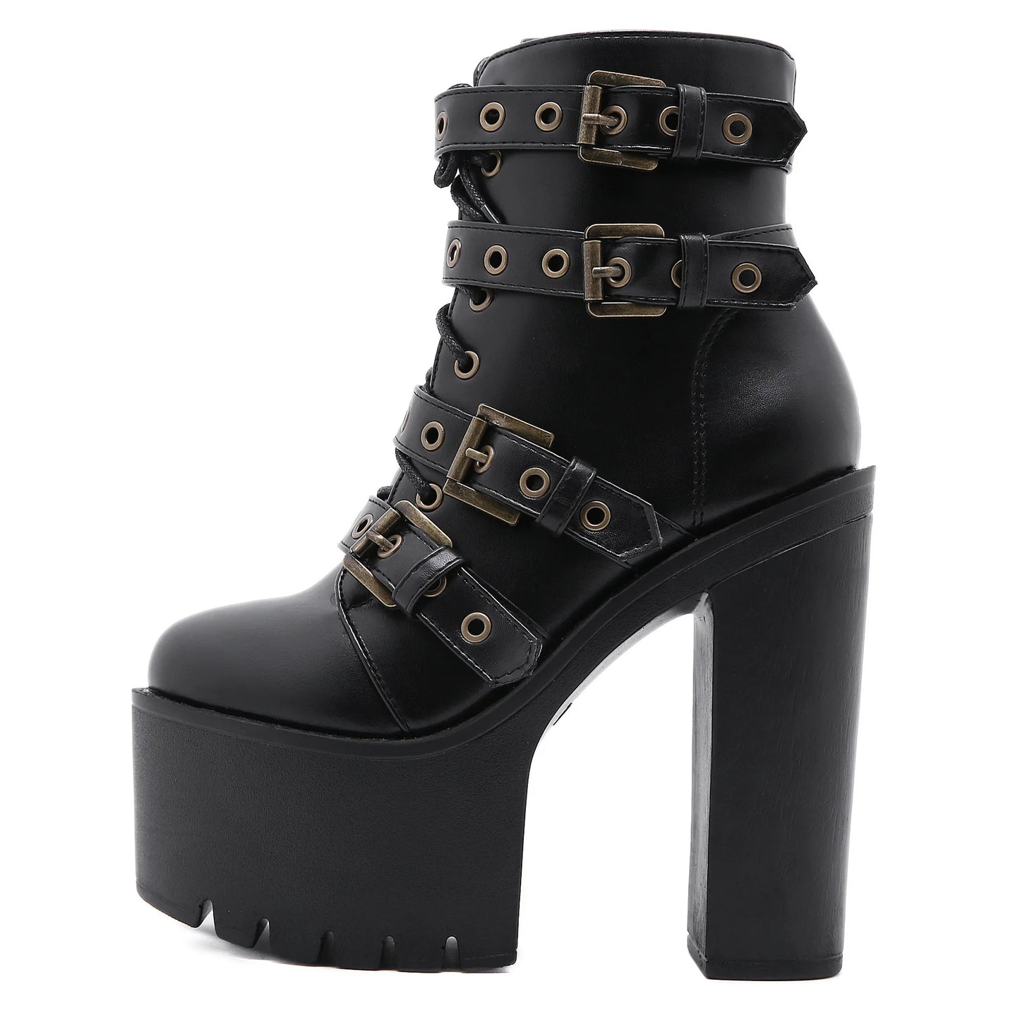 Zip Up Platform Ankle Boots High Heels Round Head Black Leather Goth Studded New Rock Combat Punk Women Shoes On Offer