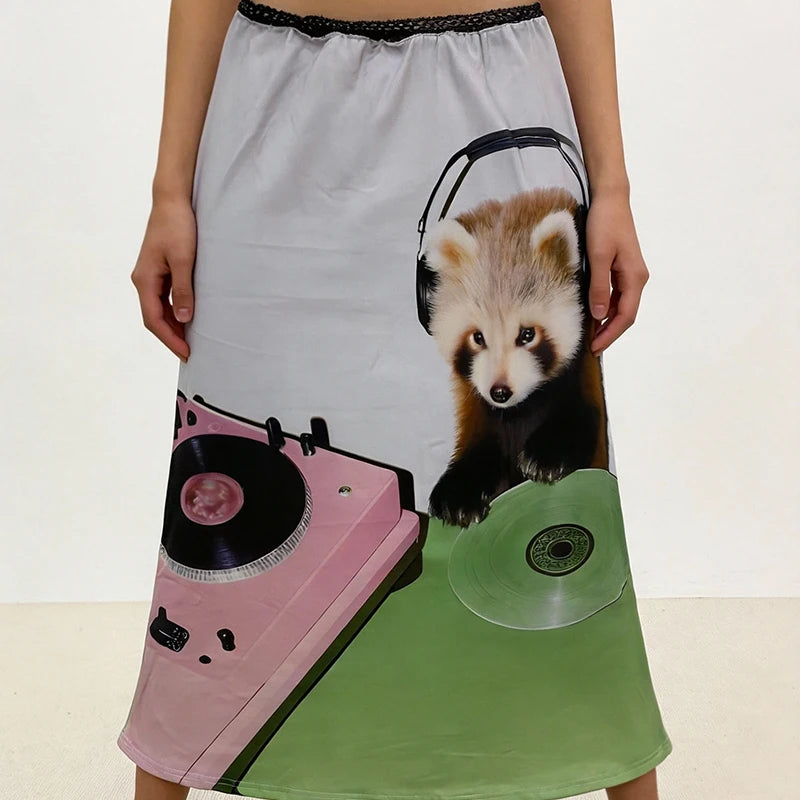 Sexy High Street Girl Personality Summer Aesthetic Lace patchwork Panda DJing Fun Printed Casual Mid Length Skirt Women Clothing