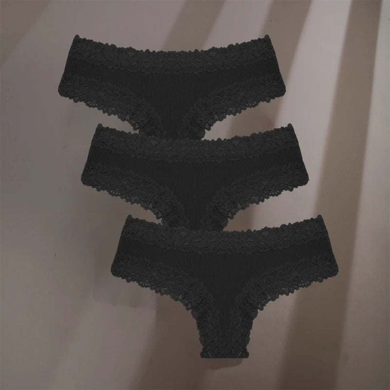 3Pcs/Set Sexy Lace Briefs Cotton Panties Women's Fashion 7 Solid Color Comfortable Briefs Low Waist Underpants Stretch Underwear