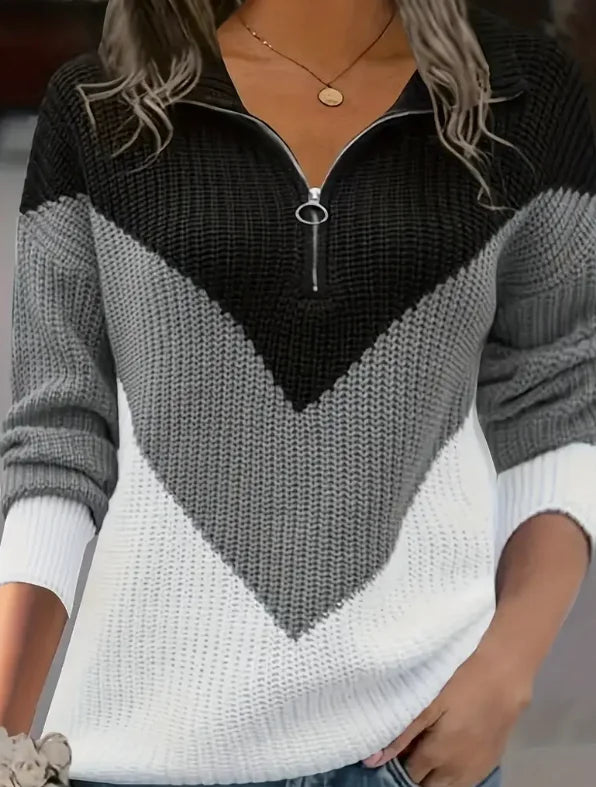 LUNE Womens Round Neck Striped Color Block Sweater Long Sleeve Casual Top