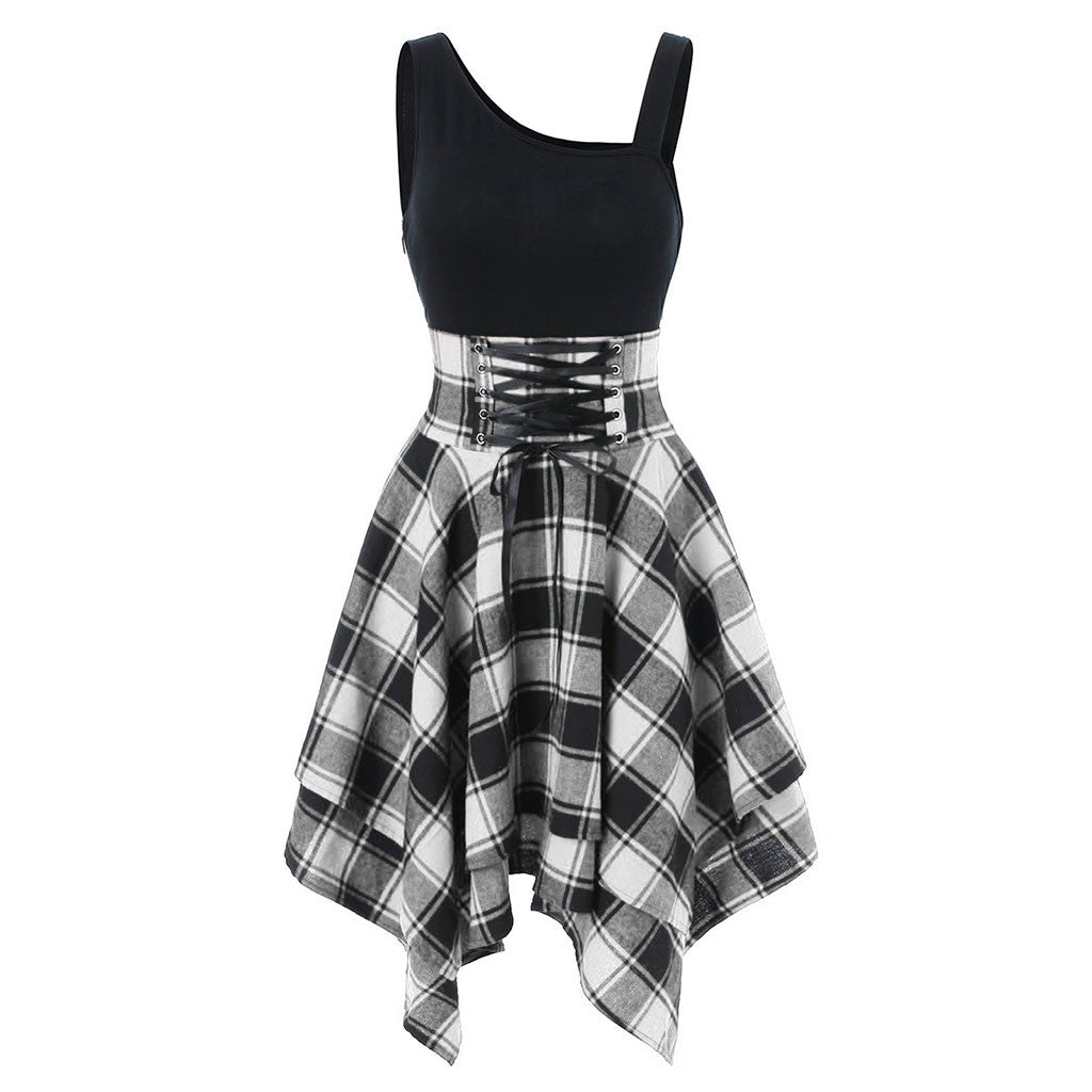 Elegant Classy Dresses For Women 2024 Sleeveless Cold Shoulder Cross Lace Up Plaid Print Irregular A-Line Dresses