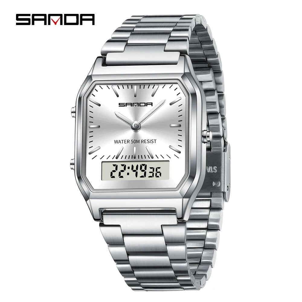 SANDA Men's and Women Watch Fashion Watches Business Style Alarm Clock Man Digital Wristwatch Square Dial Stainless Steel Strap