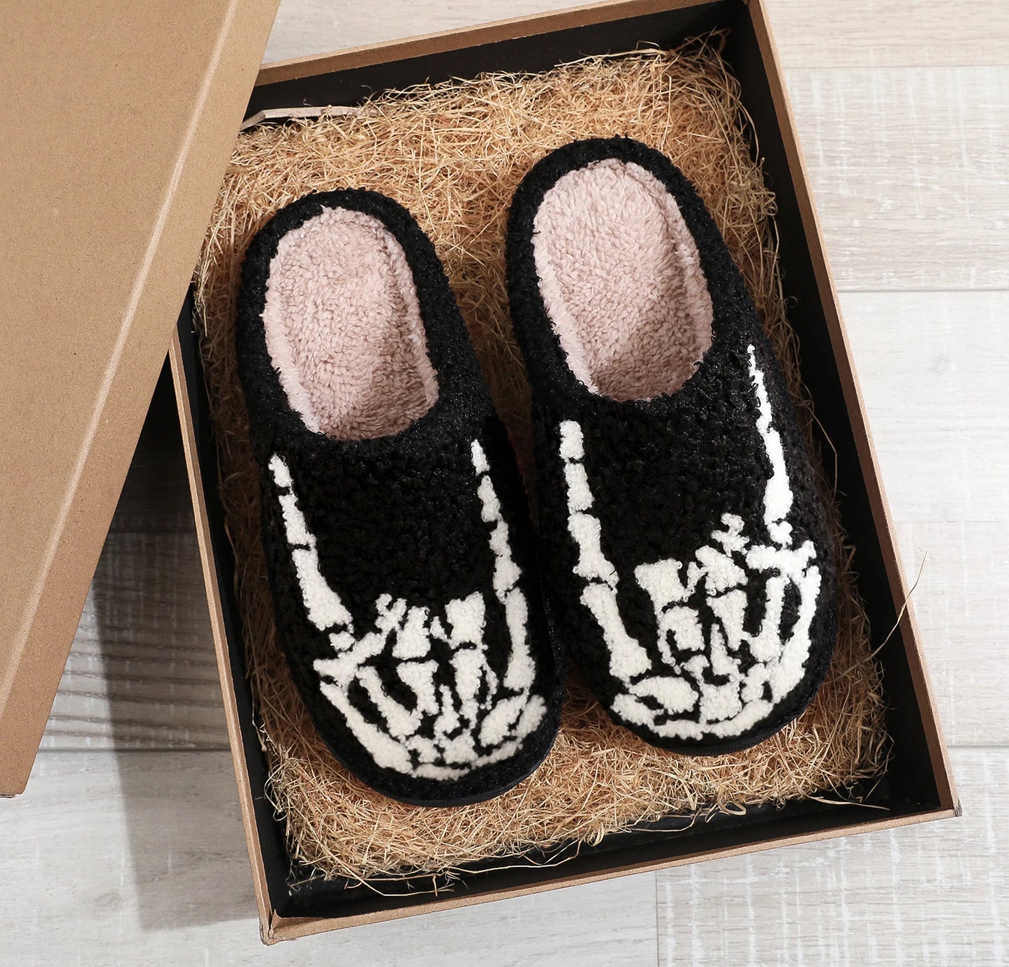 Skull Toe Pattern Personality Dark Style Embroidery stuffed Home Platform Cozy Fur Cotton Slippers Warm Non-slip Indoor Slippers Men Women Halloween Gift