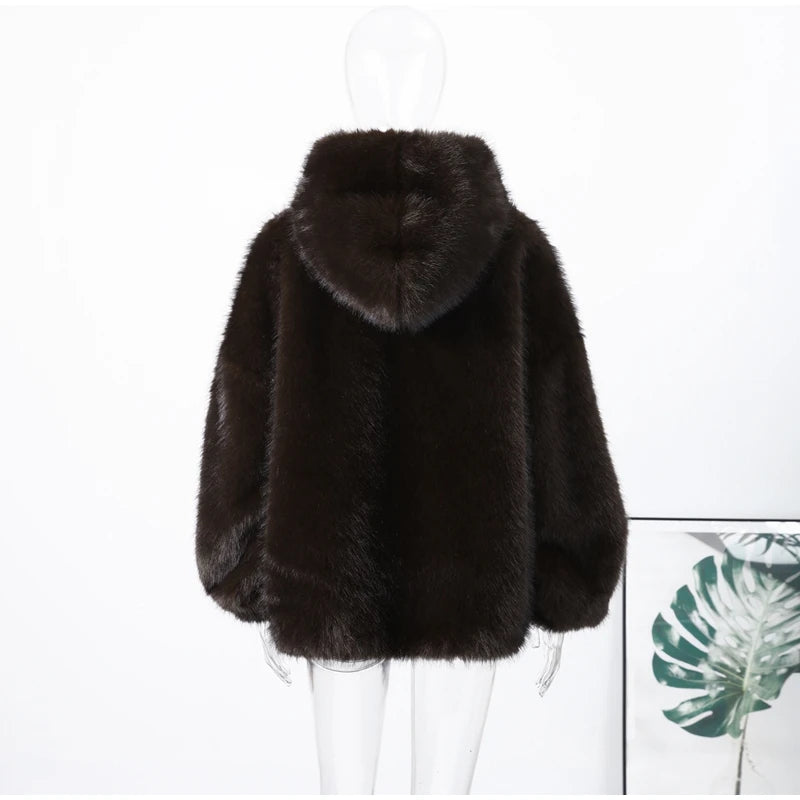 Luxury Faux Fur Hooded Pullovers Women's Loose Full Sleeve Stand Collar Pocket Coats 2025 New Autumn Winter Ladies Solid Outwear