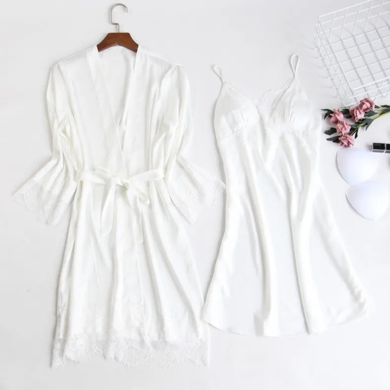 Women Pajamas Five Piece Set Spring Summer Sleepwear Nightgown Sexy Lace Bath Robe Gown Loose Silk Satin Home Wear Loungewear
