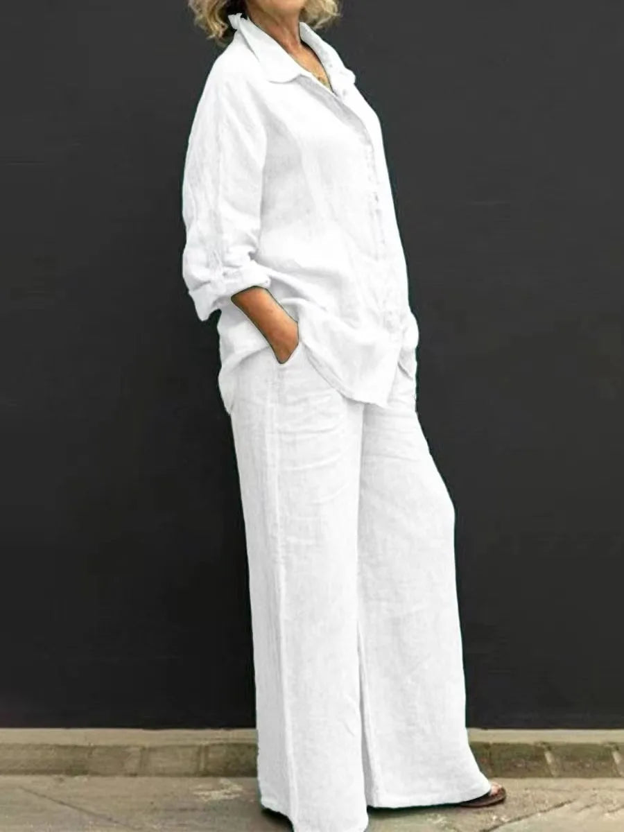 Spring Summer Women Lapel Long Sleeve Shirt High Waist Wide Leg Pants Set