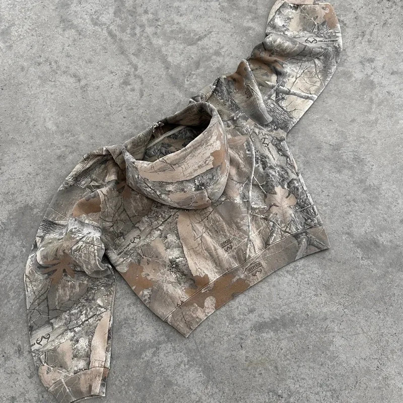 Sweatshirt Hoodie Y2K Retro zip up Camouflage Pattern zipper High Street Hip Hop Streetwear Oversized Unisex Camo Hoodie BAZAARHUBO