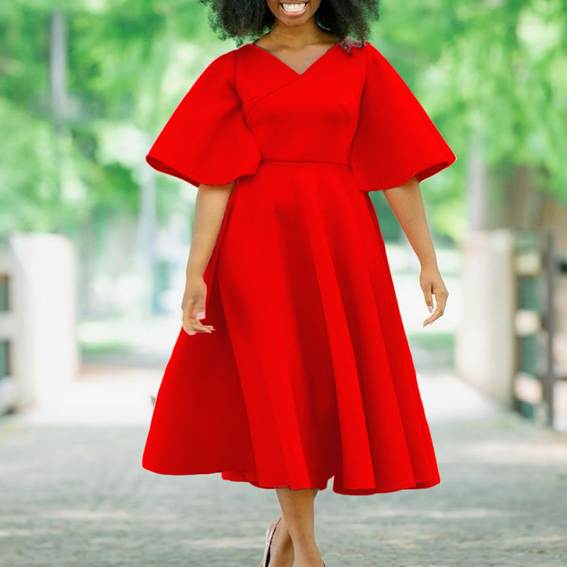 African Elegant A-line Midi Dress For Women Summer Fashion Casual Robe Femmes New Flare Sleeve Club Party Sexy Dresses Vestidos