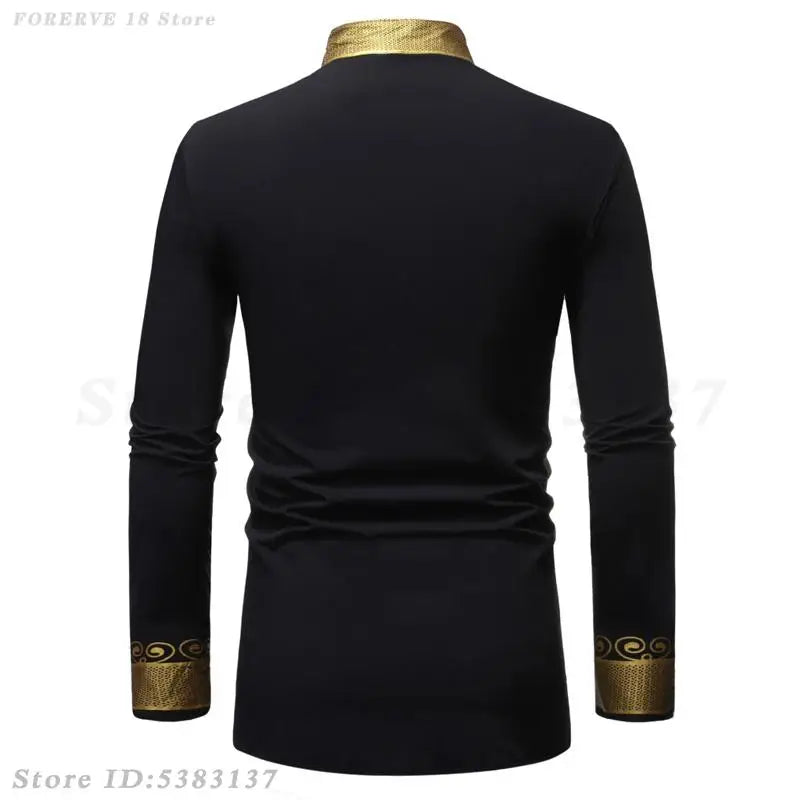 Men's Shirts Fashion Long Sleeve African Turkish Chieftain Print Robe Male Casual Blouses Traditional Ethnic Style Muslim Shirts