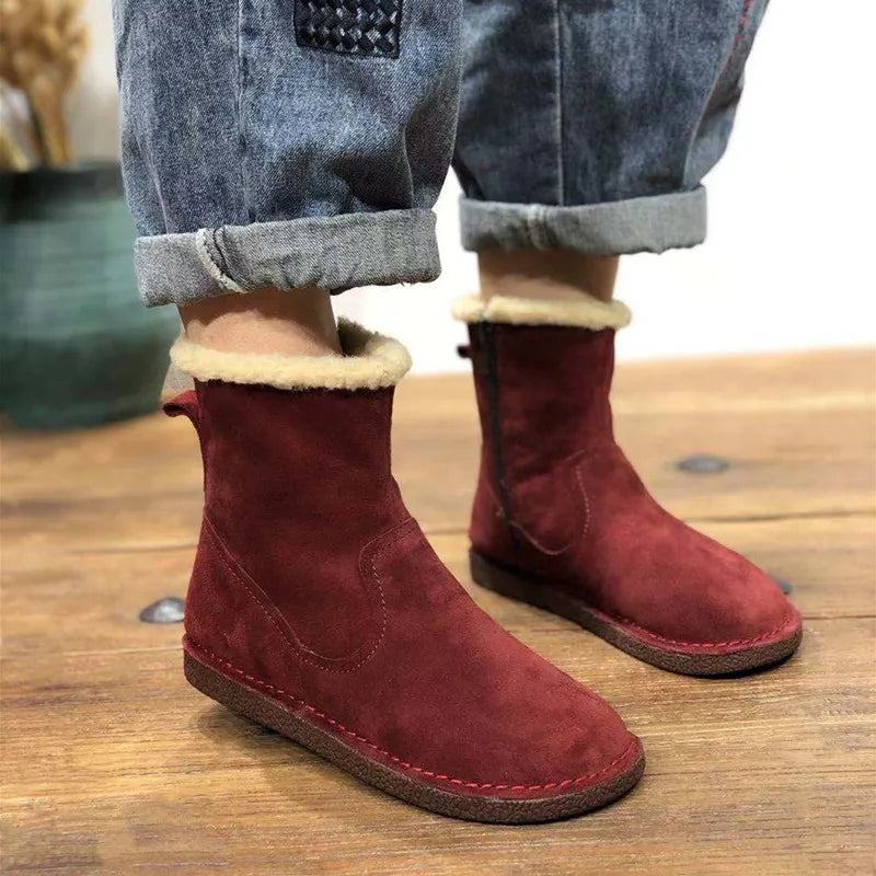 Careaymade-Genuine cow leather Snow cotton round head flats woolen short boots plush warm snow boots Oversized shoes size 35-43