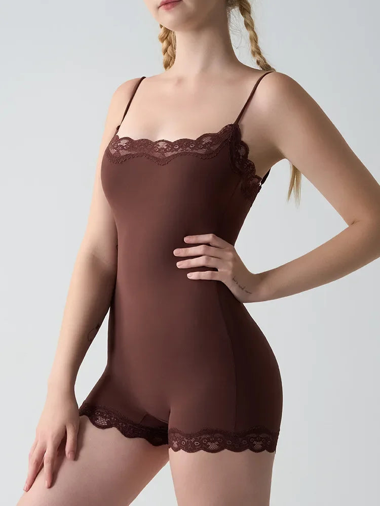Square Neck Spaghetti Strap Bodysuits Lace Trim Women Sleeveless Slimming Bodycon Jumpsuit Romper