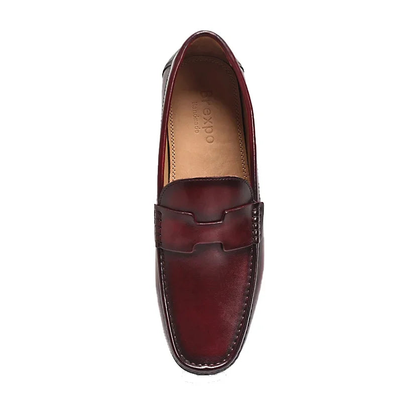 Men's High-End Genuine Leather Loafers Comfortable Flat Casual Glossy Wine Red Handmade Office Banquet Shoes