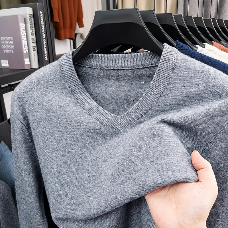 2026 Men's V-Neck Basic Solid Color Sweatshirt Warm Autumn Knitted Oversize Pullover Elastic round Neck Sweater for Casual Wear BAZAARHUBO