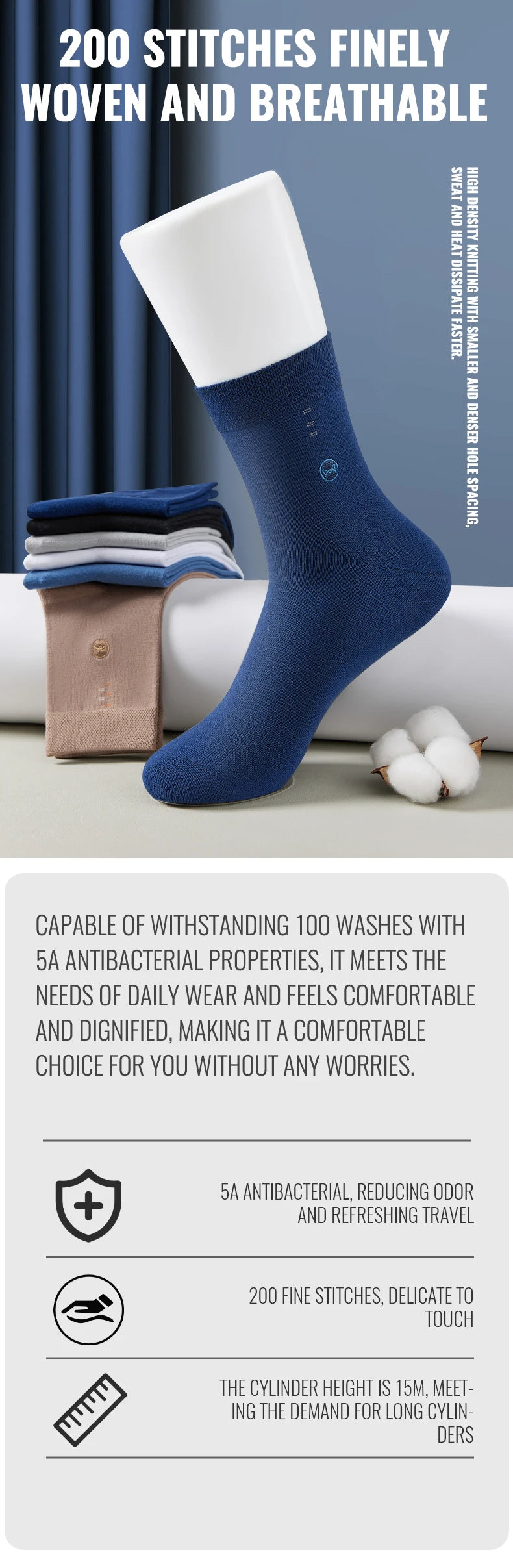 MiiOW 100% Pure Cotton Socks Men Business Dress Long Sock Black White Antibacterial Anti Odor Crew Socks Breathable Sport Sock