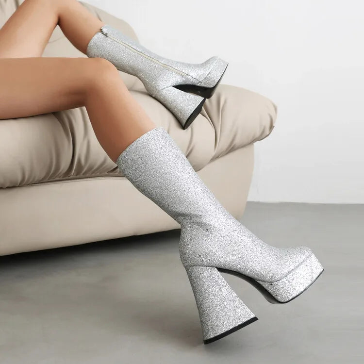 Ochanmeb Women Gold Sequins Boots Platforms Super High Chunky Heels Pink Mid-Calf Boots Gothic Zipper Woman Silver Glitter Shoes