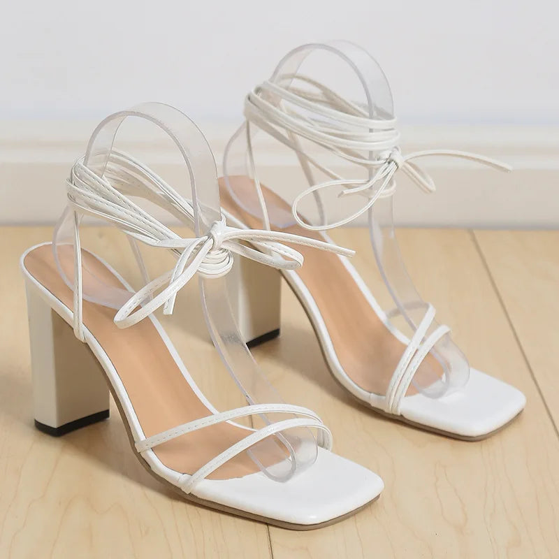 2024 women's summer oversized women's shoes wearing square toe tie up high heels, cross tie up sandals women's slippers