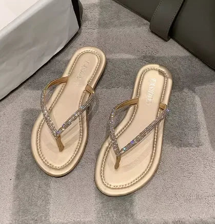 Lady New Luxury Crystal Thongs Shoes Flats Summer Flip Flops For Girls Outdoor Simple Leisure Slippers In Gold Silver 35-43 25cm