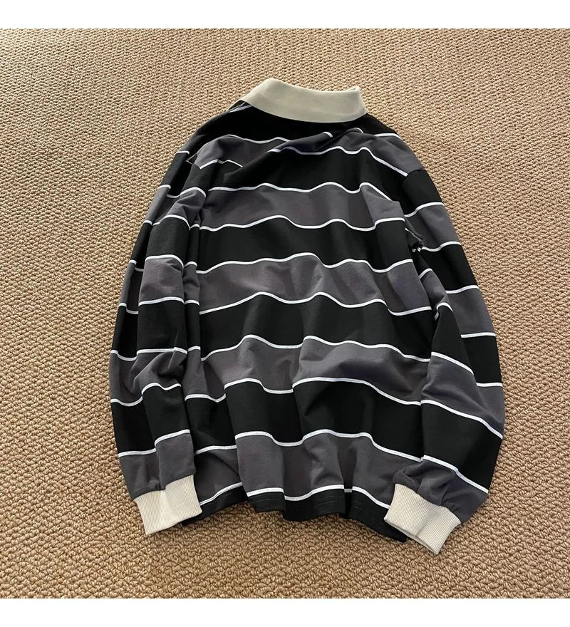 2022 Japan Retro Striped Long-sleeved POLO Shirt Top Men Women Loose Trend Couple BF Lapel Sweatshirt Preppy Hip Hop Cool Shirts