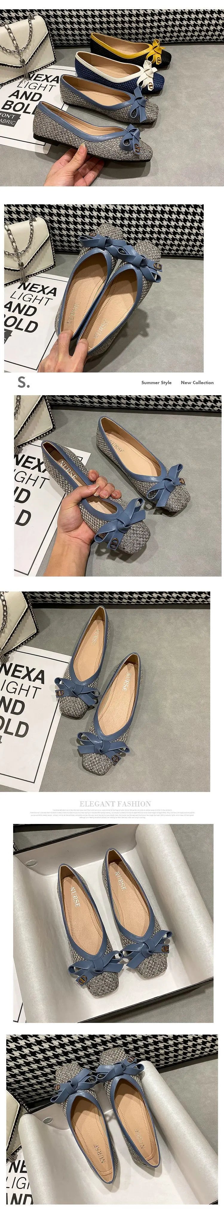 Women's Shoes 2025 New Woven Bow Square Toe Women's Ballet Flats Female Soft Sole Large Fashion Women's Shoes Chaussure Femme