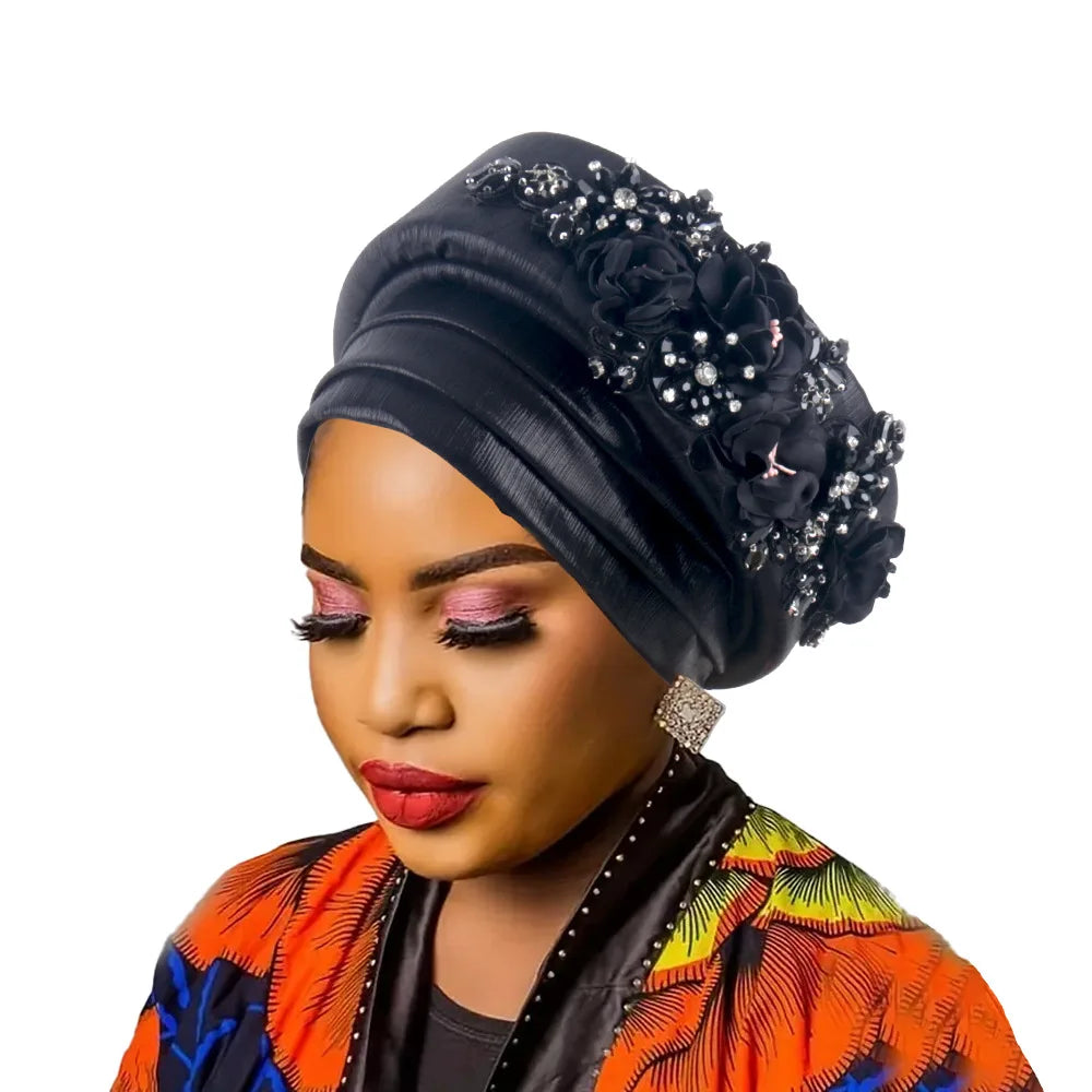 African Women's Turban Cap Diamond Flower Nigeria Auto Gele Headtie Already Made Wedding Geles Female Head Wraps Hat Party Mujer