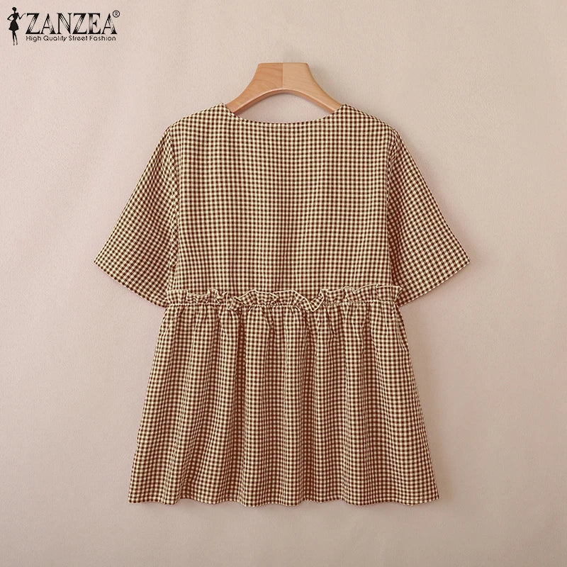 2025 ZANZEA Women Plaid Checked Blouse Summer Casual O Neck Short Sleeve Blusas Loose Tops Stylish Ruffled Work Shirt Oversize