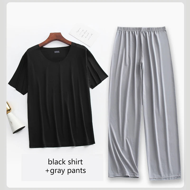 2Pcs/set Mens Ice Silk Short Sleeves T-Shirt & Long Pants Cool Thin Sleepwear Male Summer Pyjamas Home Clothing Nightwear Suit