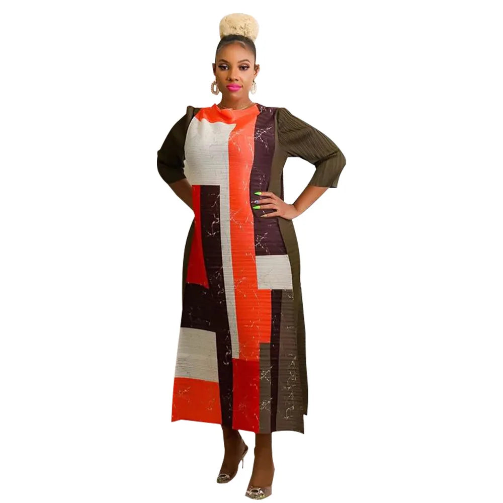 African Dresses for Women Summer Fashion Style African 3/4 Sleeve Polyester O-neck Pleated Dress Dashiki African Clothes Women