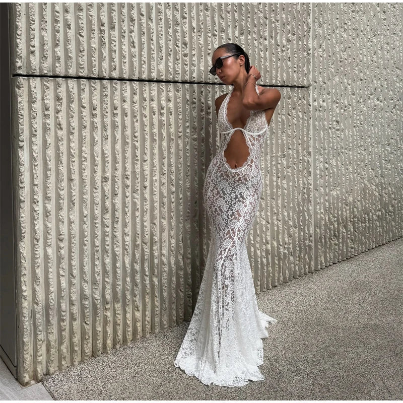 Solid Lace Halter Maxi Dress Sexy Cutout Waist Sheer Slim Fit Fishtail Long Gowns Women's Summer Evening Party Robes 2026 New
