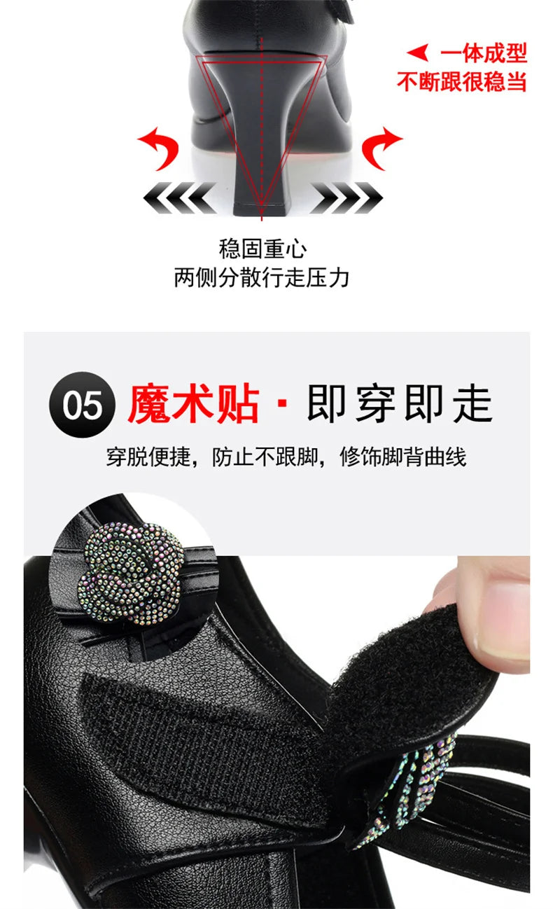 Women's Pumps Pointed Toe Office Soft Leather Flower Buckle Strap Platform High Heels Four Season Shallow Mouth Single Shoes