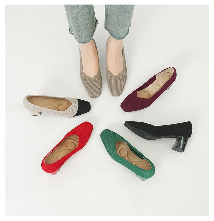 Shoes Woman High Heels Comfortable Square Knitted Breathable Comfortable Women's Flats Shoes (5cm High) 2025 New Collection