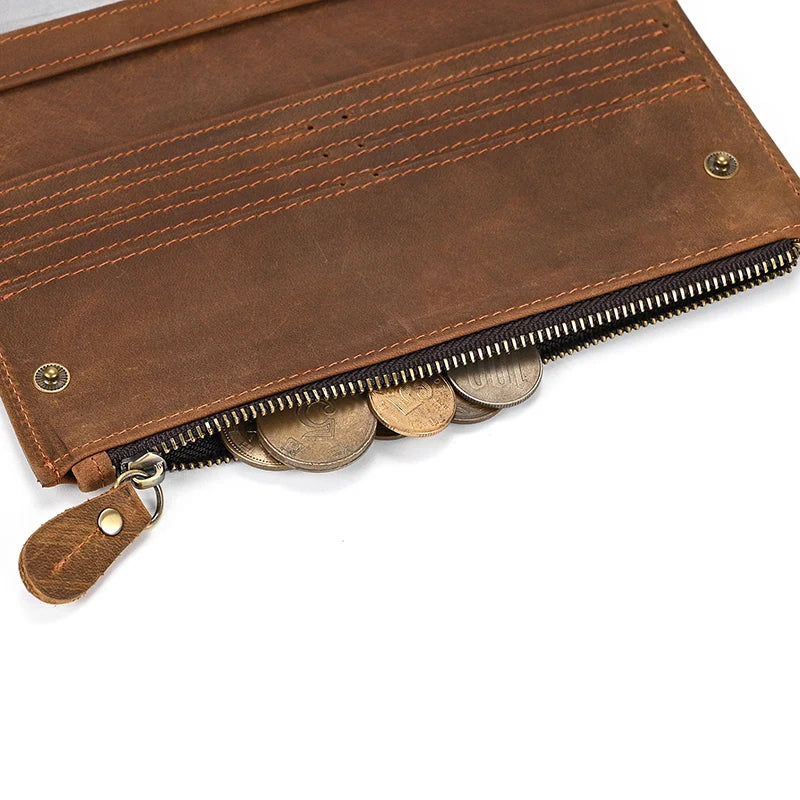 Men's Crazy Horse Leather Long Wallet Brown Real leather Trifold clutch snap purse Hasp purse with Phone pocket and coin pocket