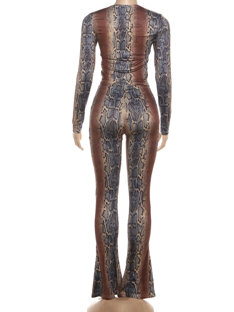 Kliou Serpentine Print 2 Piece Set Woman o-Neck Full Sleeve Tops+Skinny Peach Hip Long Pants Hot Girls Street Sexy Fashion Suits