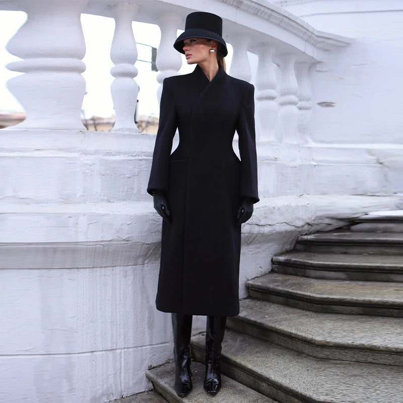Elegant Long Coat Women V-neck Solid Slim Single-breasted Waist-closed Jackets Lady 2026 Spring Chic Female Streetwear