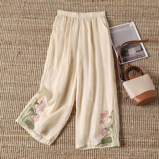 Chinese Style Vintage Embroidery Casual Trousers Women Summer Pants Literature Art National Style Retro Embroidery Bottoms