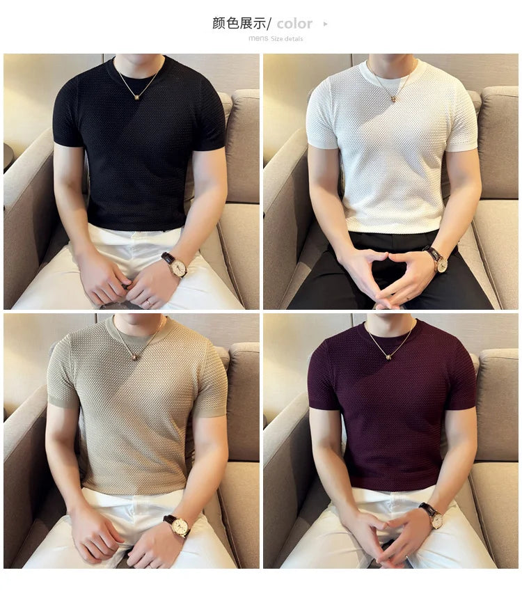 Summer Breathable T-Shirts For Men Korean Luxury Clothing O-Neck Short Sleeve Knitted Men's T Shirt Fashion Hollow Tops&Tees 3XL