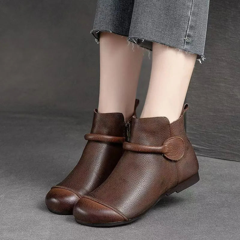 Retro Women Short Ankle Boots 2024 Autumn Winter Faux Cow Leather Slip-on Shoes Handmade Round Toe Light Weight Flat Booties