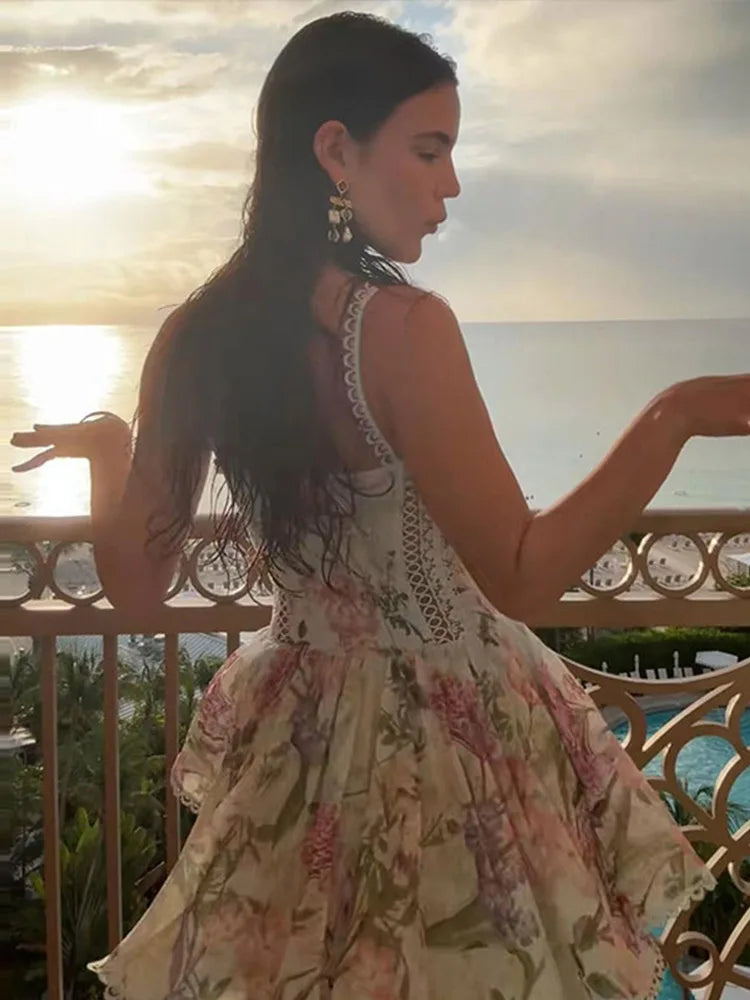 Floral Print Women's Dress Elegant Spaghetti Strap Lace Trim Hollow Out Flowy A Line Dress Lady 2026 Summer New Woman Vestidos