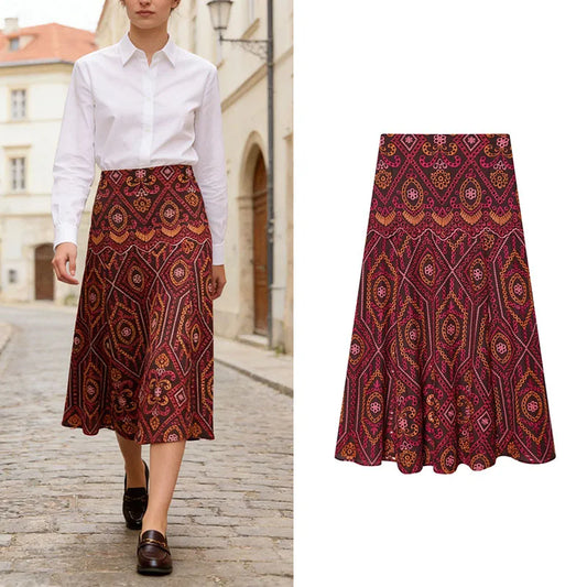 Women's Bohemian Embroidered Long Dress High-Waist Flared Hem Ethnic Print Hollow Details Casual Versatile Skirt