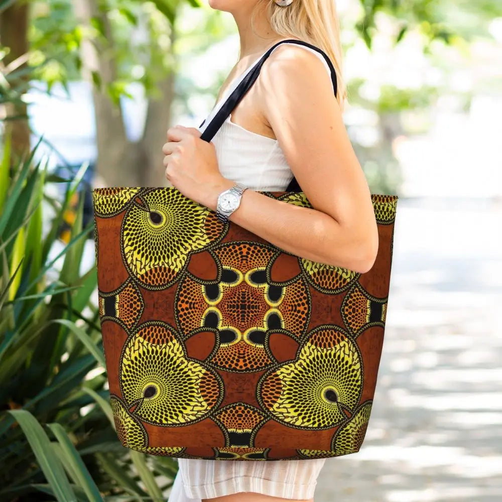 African Ankara Prints Grocery Shopping Tote Bags Women Geometric Ethnic Art Canvas Shoulder Shopper Bags Big Capacity Handbag