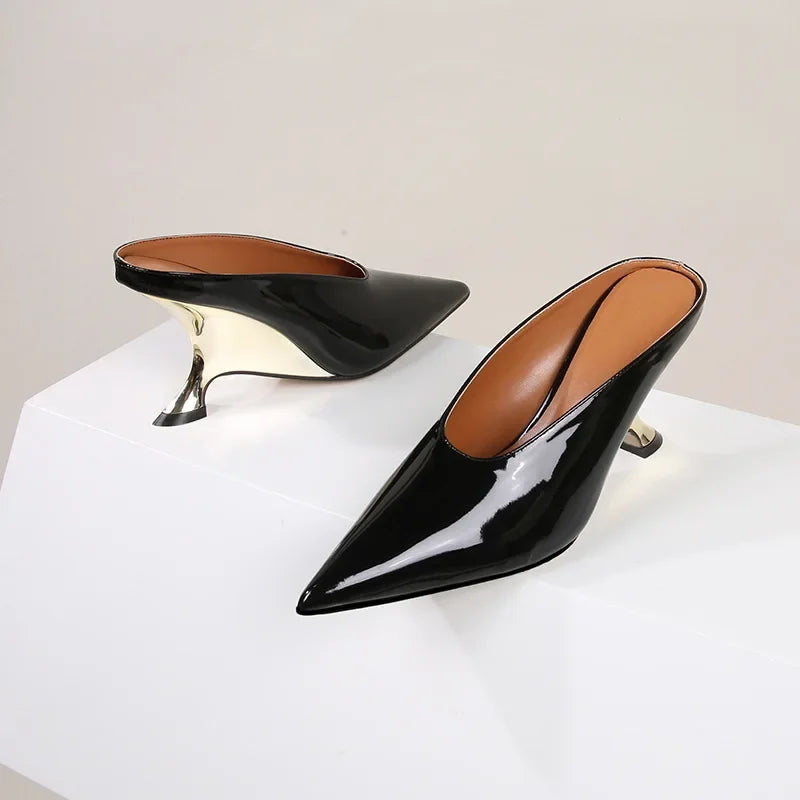 Pointed Toe Women Slippers Shoes Designer Shallow Wedges 9cm High Heels Banquet Mule Zapatos De Mujer