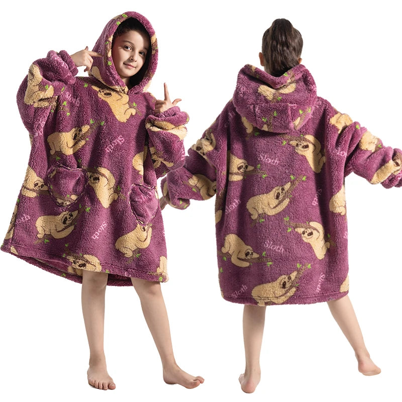 Girls Winter Clothes Flannel Thick Hoodies Super Warm Children's Sweaters Kids Hooded Loose Clothing Homewear Wearable Blankets