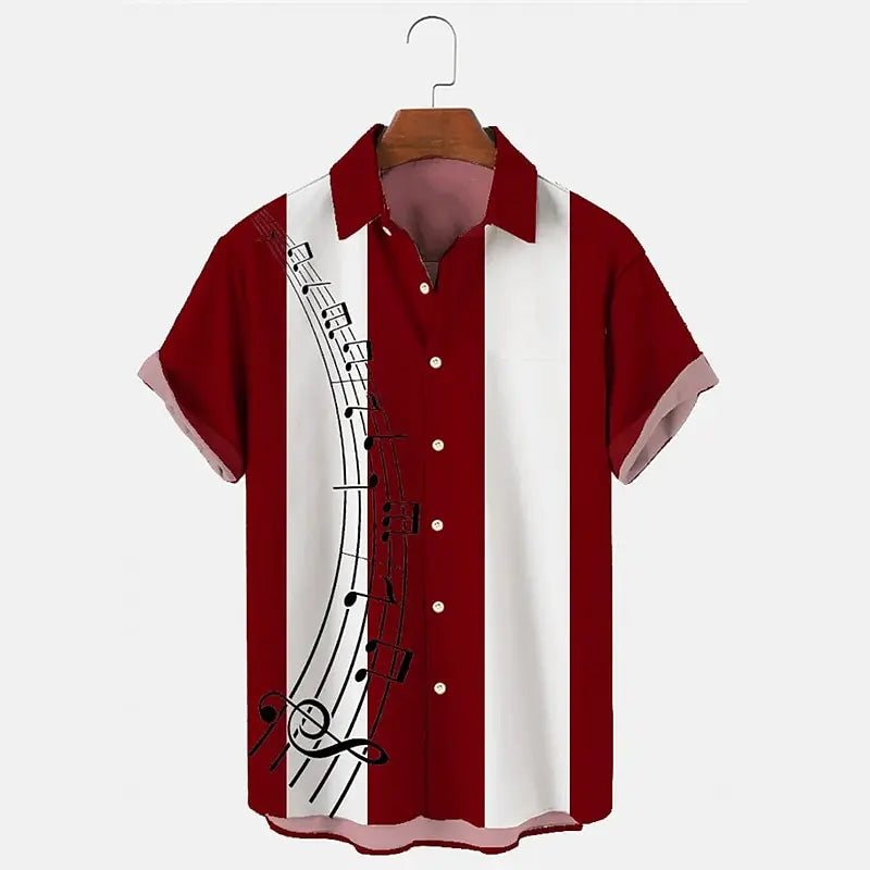 Men's Shirt Casual Buttoned Cardigan 3D Music Symbol Print short-sleeved Shirt Simple Striped Open Lapel Top