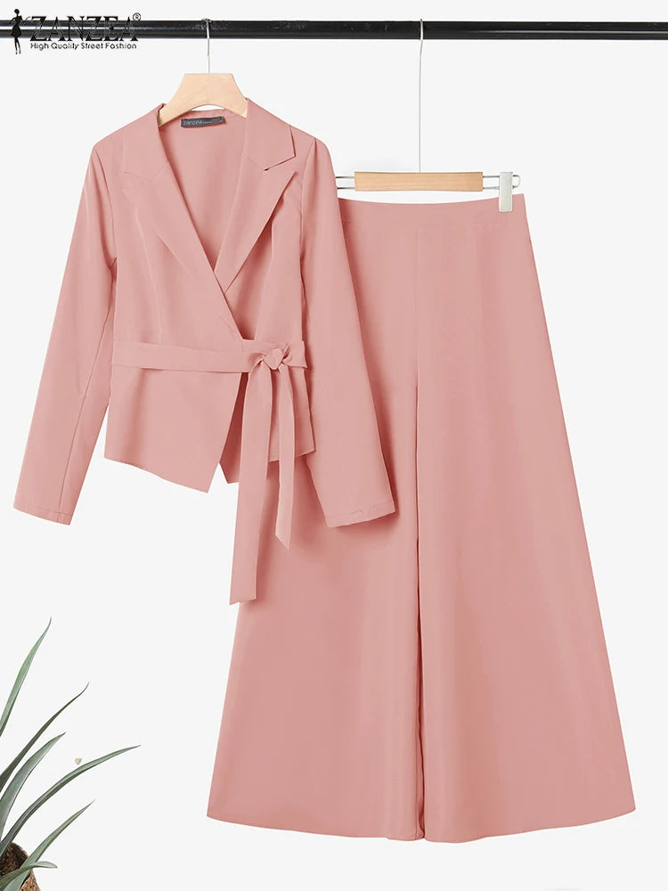 ZANZEA Elegant 2 Pieces Pant Sets Long Sleeve Belted Lightweight Blazer & Wide Leg Pant 2pcs Suits Office Lady Commuting Sets BAZAARHUBO