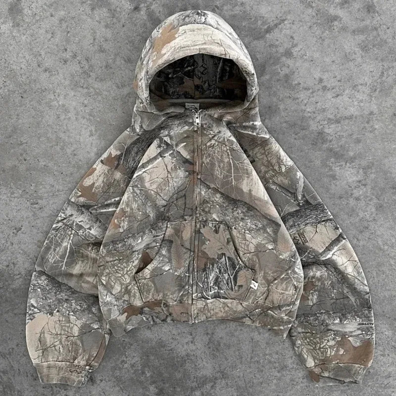 Sweatshirt Hoodie Y2K Retro zip up Camouflage Pattern zipper High Street Hip Hop Streetwear Oversized Unisex Camo Hoodie BAZAARHUBO