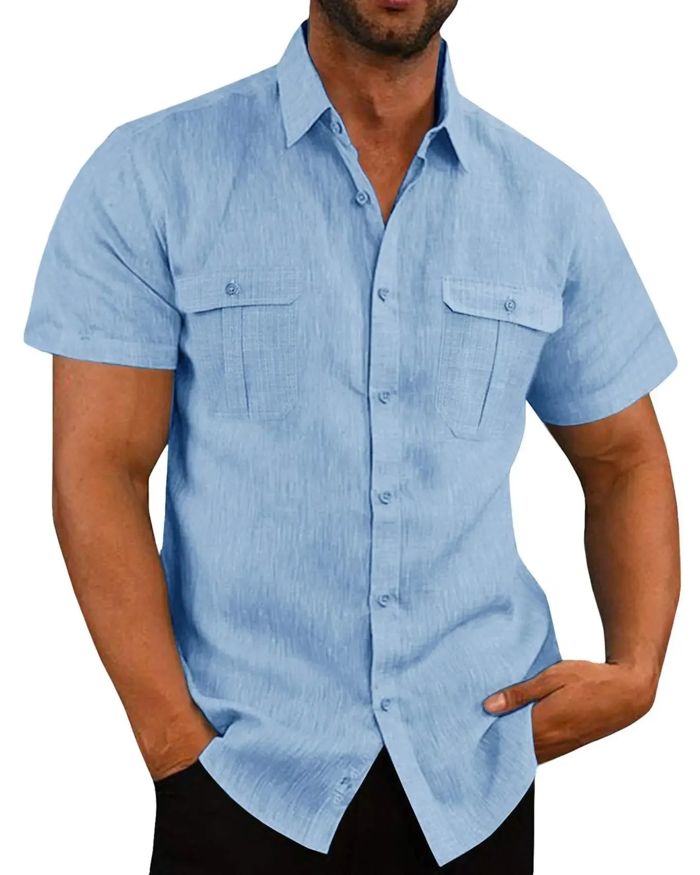 Cotton Linen Hot Sale Men Short-Sleeved Shirts Summer Solid Color Stand-Up Collar Casual Beach Style Shirts Tailor-made T-Shirts