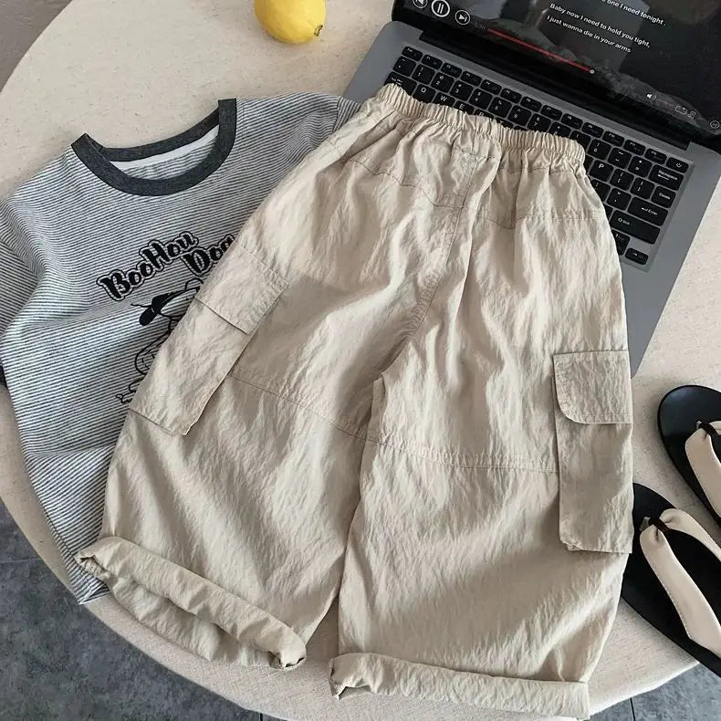 Kids Casual Cargo Shorts Loose Fit Solid Color Multi-Pocket Trousers
