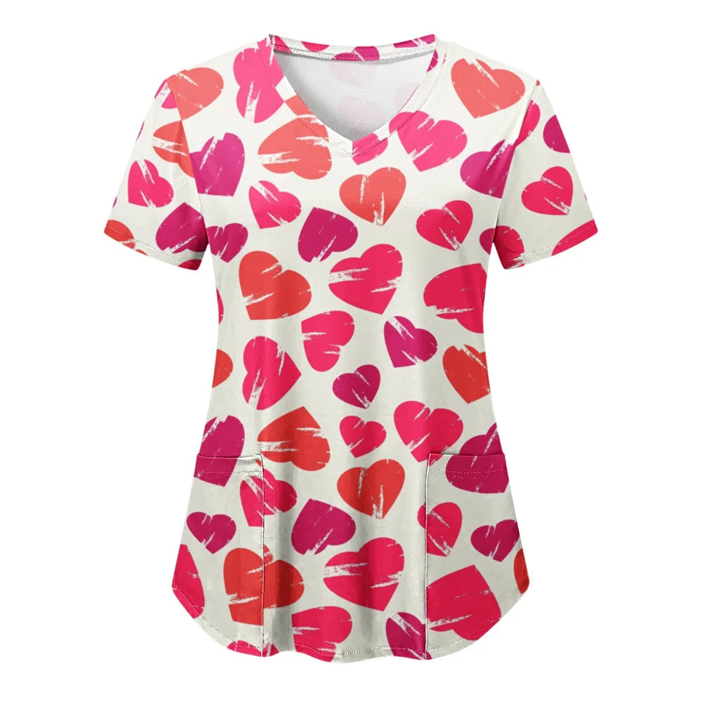 Tops Women Scrub Nurse Print Short Sleeve Cartoon V-Neck Tops Working T-Shirts Heart Print Healthcare Tunic Carers Workwear Tops